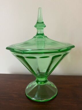 Cambridge Glass • Uranium Green Vintage Glass Covered Compote •